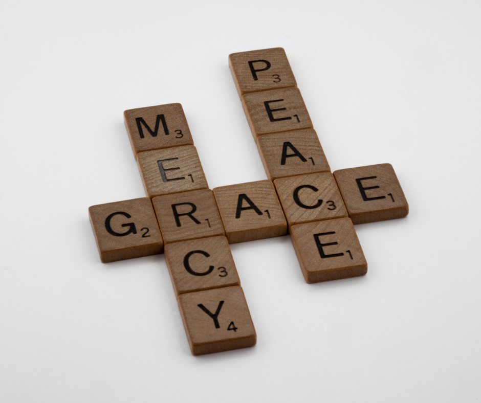 Grace Mercy and Peace scrabble tiles